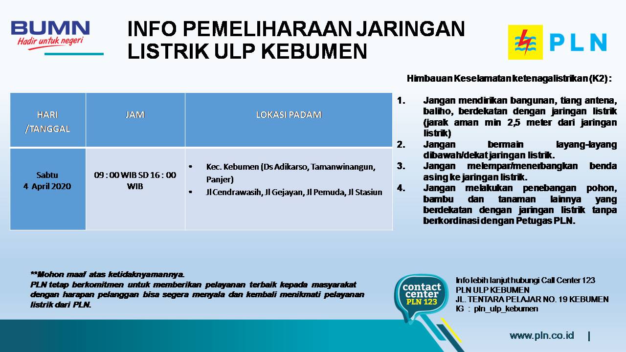 Catat! Besok Pagi, Ada Pemadaman Listrik di Kota Kebumen