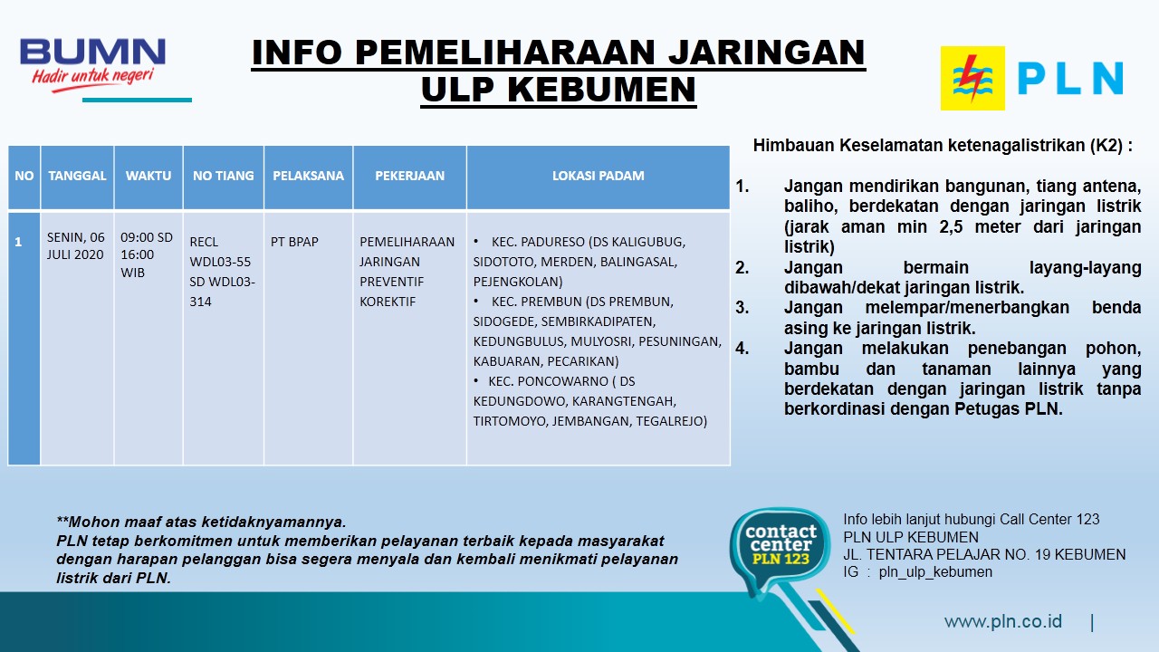 Hari ini Ada Pemadaman Litrik di Wilayah Kebumen Timur, Cek Lokasinya