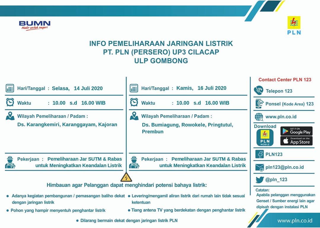 Pemadaman Listrik di Kebumen Kamis 16 Juli 2020, Ini Wilayah yang Terdampak