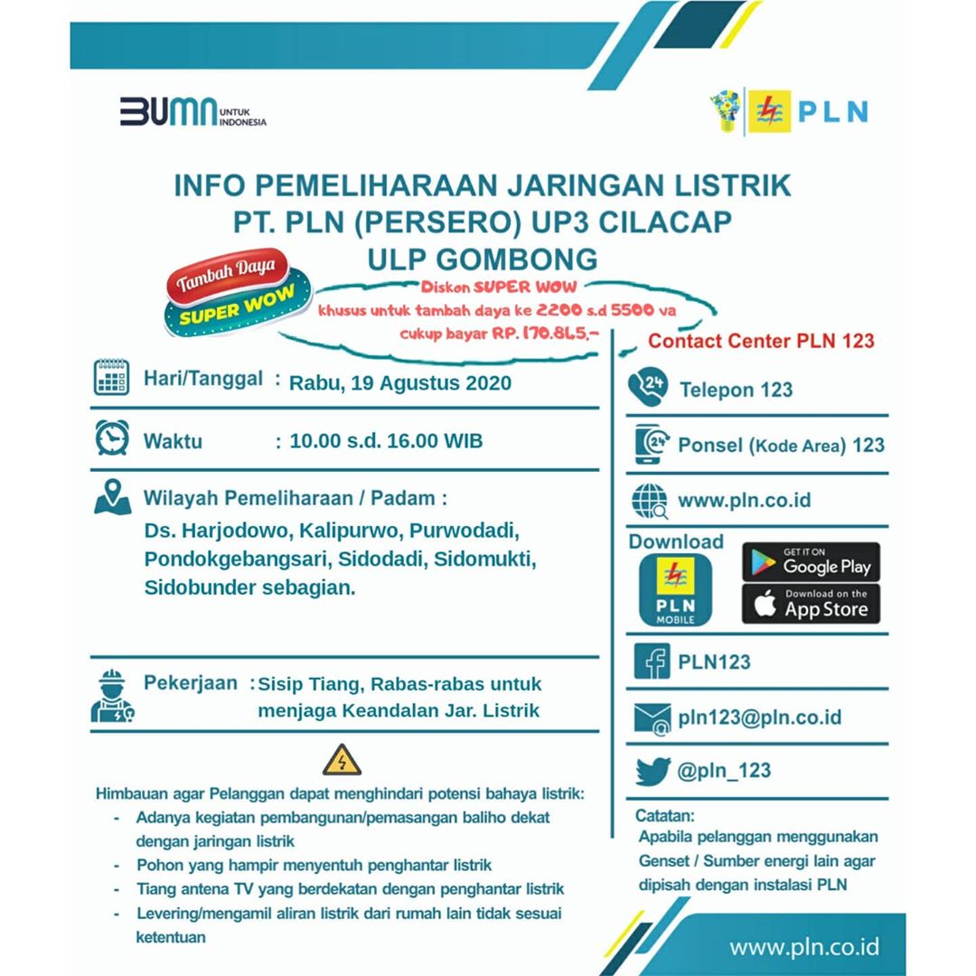 Ini Jadwal Pemadaman Listrik di Wilayah Gombong Rabu 19 Agustus 2020