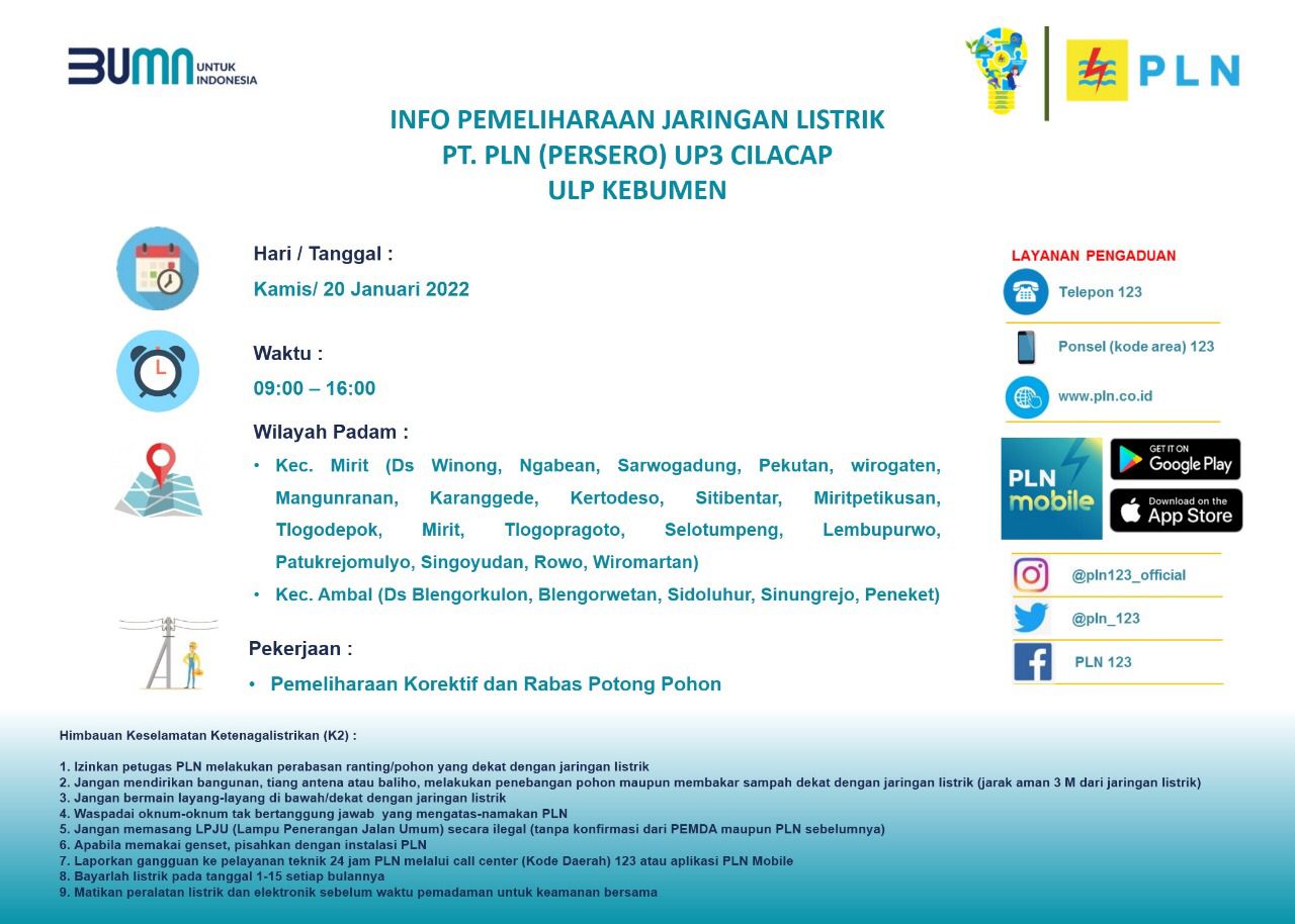 Jadwal dan Lokasi Pemadaman Listrik di Kebumen Hari ini, Kamis, 20 Januari 2022